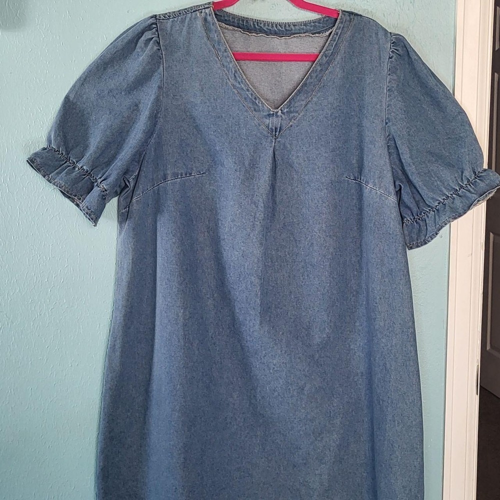 SHEIN Blue Denim Mini Dress 1XL Plus Size Puff Sleeve Ruffle Cuff